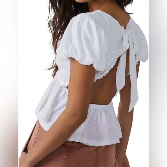 Free People Smocked Open Back Peplum Cotton Top - Picture 2 of 4